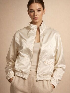 Champion Satin Cream Zip-Up Jacket Monogram Logo Cropped Fit Size S